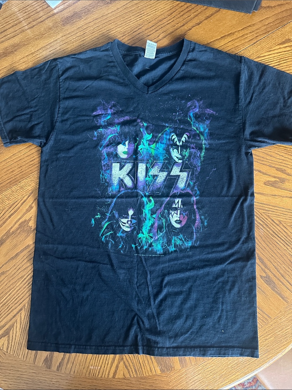 Kiss Black V-Neck Tee with Teal & Purple Flame Graphic